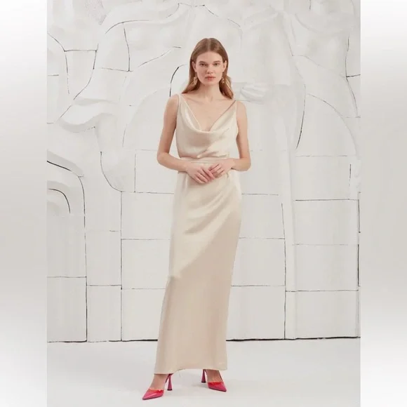 AMILA BEIGE SATIN BACKLESS MAXI DRESS